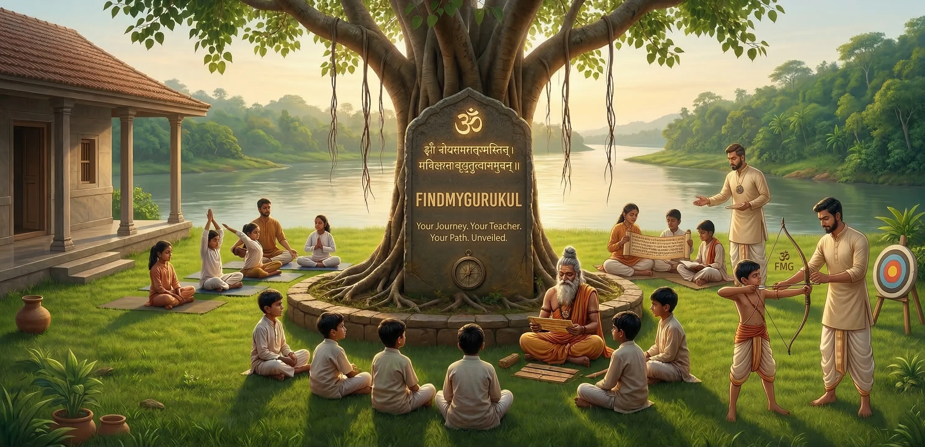 Traditional Gurukul Learning - Students learning from guru in ancient Indian gurukul